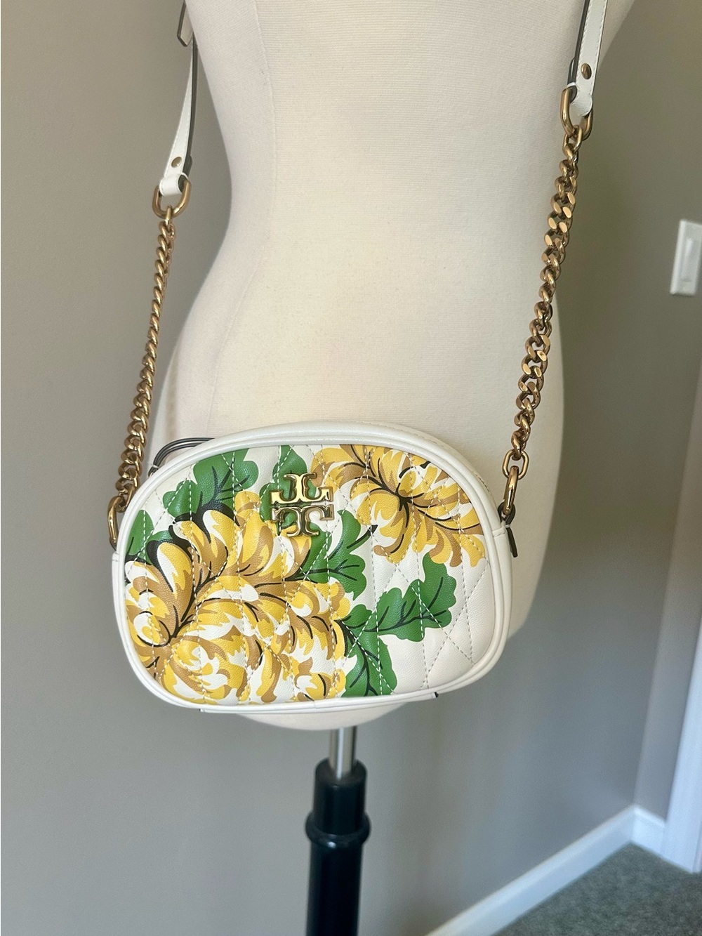 Tory Burch White Quilted Crossbody with Yellow Floral & Green Leaves